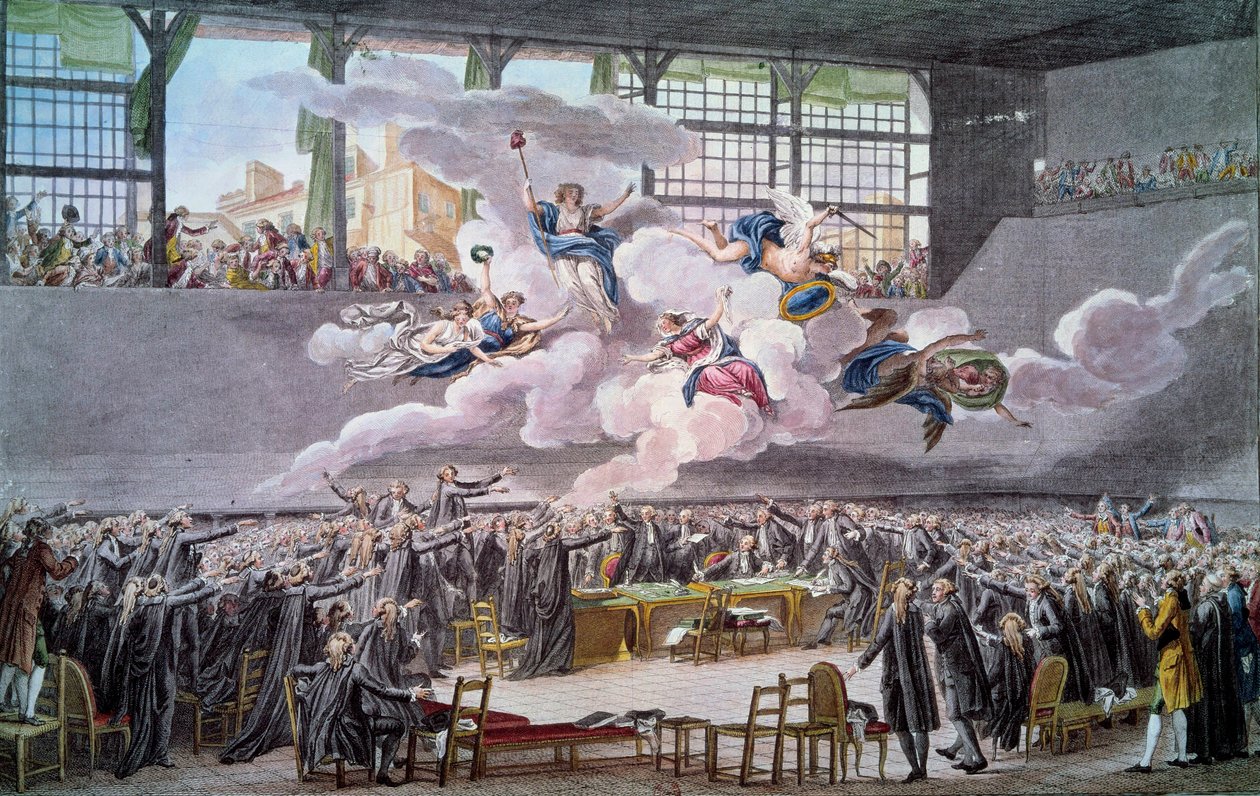 法国大革命：“1789 年 6 月 20 日 Le oath du jeu de Paume le oath du jeu de Paume le oath du jeu de Paume le oath du jeu de Paume le 20 juin 1789”” 代表们发誓在宪法得到修正之前不会分离自己。 伊西多尔·赫尔曼 (1743-1809) 雕刻，1789 年巴黎，B.N. 作者 伊西多尔·斯坦尼斯拉斯·赫尔曼