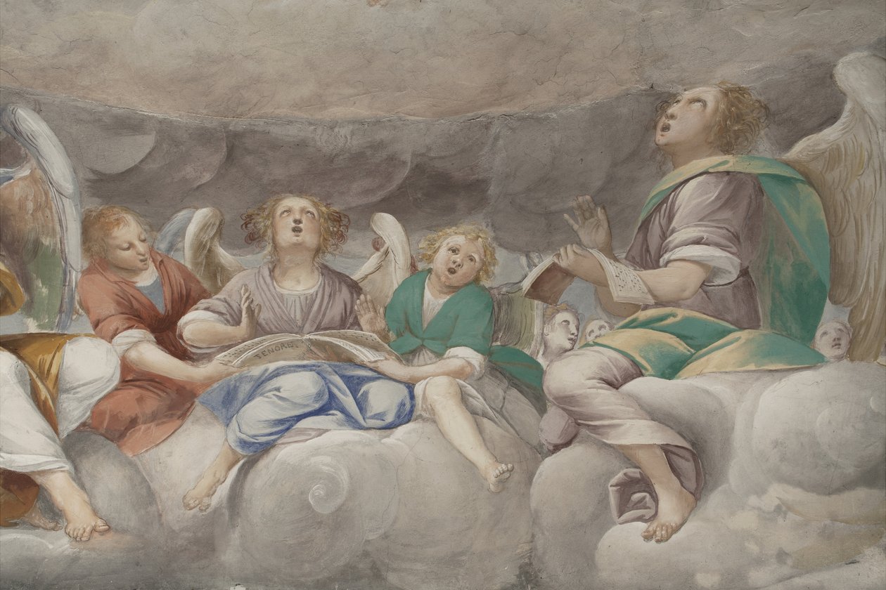 天使，音乐家天使和puttos，天堂与永恒父亲的细节，c.1623-34（细节3496185） 作者 伊西多罗·比安奇