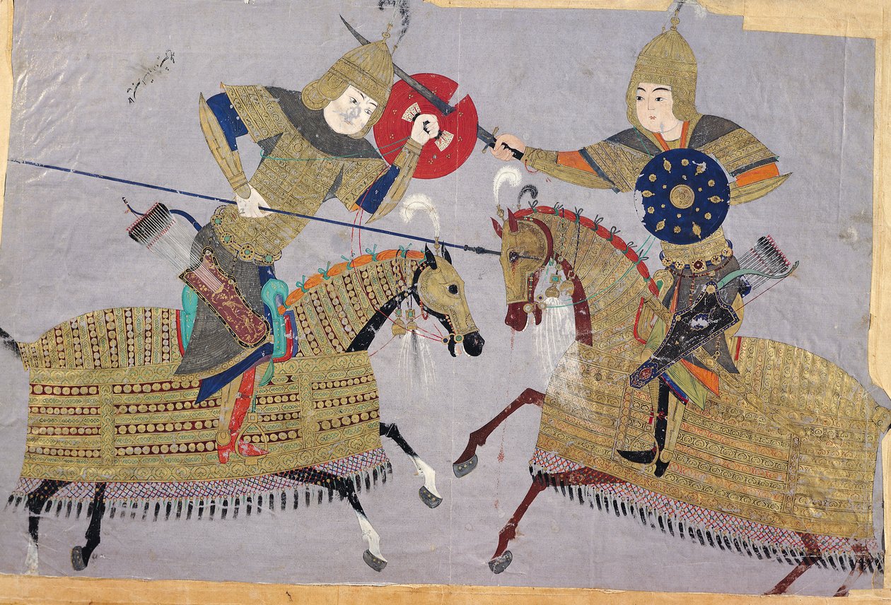 在战斗中骑马的两个战士，大不里士学校，c.1480 作者 伊斯兰学校