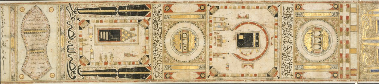 Add.27566 Muhammad al-Zardili 之女 Maymanah 的朝圣证明，日期为伊斯兰历 836 年/公元 1433 年（羊皮纸上的墨水、颜色和金色） 作者 伊斯兰学校