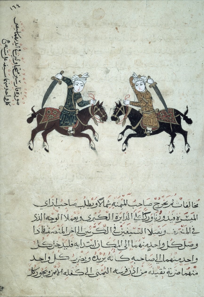 CBL Ar 5655.161两名剑士，来自埃及的Nihayat al-Sul wa al-Umniya fi Taallum Amal al-Furusiyya或军事艺术纲要的副本，1366 作者 伊斯兰学校