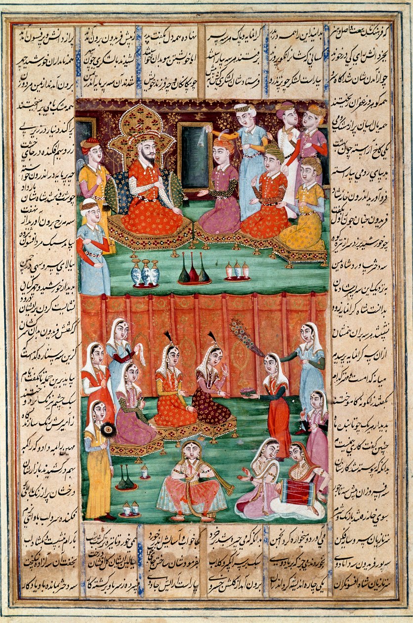 伊斯兰艺术：“也门国王塞罗的三个女儿的婚姻”，来自 Ferdowsi（Firdawsi 或 Ferdawsi）的史诗“Shahnameh”（Shah Nama，Shahnama）（国王之书）手稿的波斯缩影 , 或 Firdousi, ca. 940-around 1020) (ms. 60 作者 伊斯兰学校