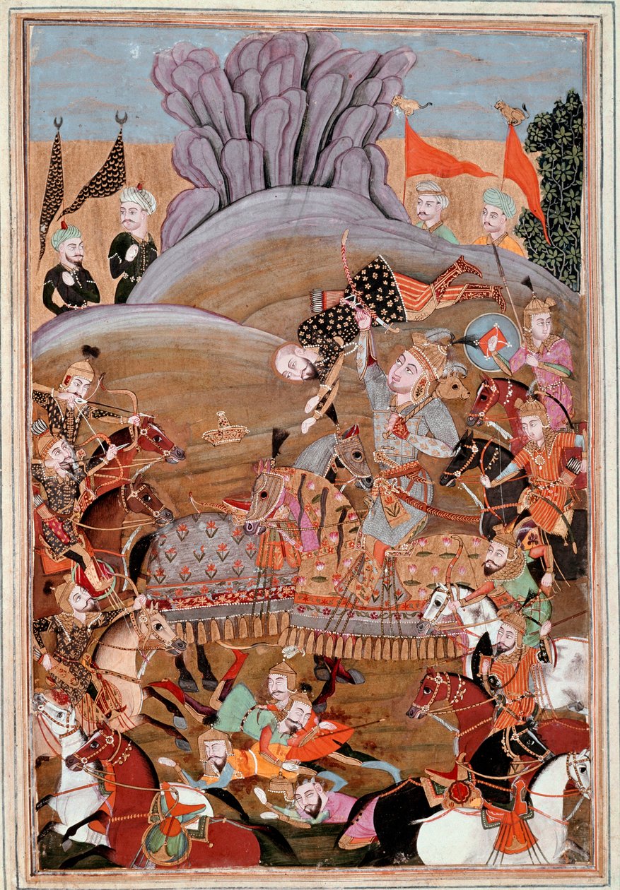 伊斯兰艺术：““鲁斯塔姆第一次与阿夫拉西亚布的战斗”“来自史诗“Shahnameh”“”（Shah Nama，Shahnama）（国王之书）的波斯缩影，由 Ferdowsi（Firdawsi，或 Ferdawsi，或 Firdousi，ca . 940-1020 左右) (ms. 607) Chantilly, Mu 作者 伊斯兰学校
