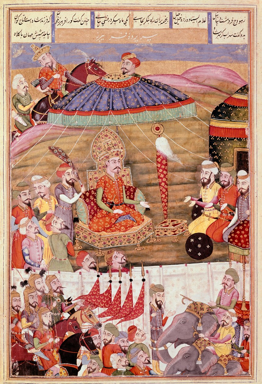 伊斯兰艺术。"Sohrab (Saharab)再看Roustam的帐篷"，来自Ferdowsi（Firdawsi，或Ferdawsi，或Firdousi，约940-约1020）的史诗 "Shah Namah"（Shahnama）（《王书》）手稿的波斯微型画（ms. 607）。 作者 伊斯兰学校