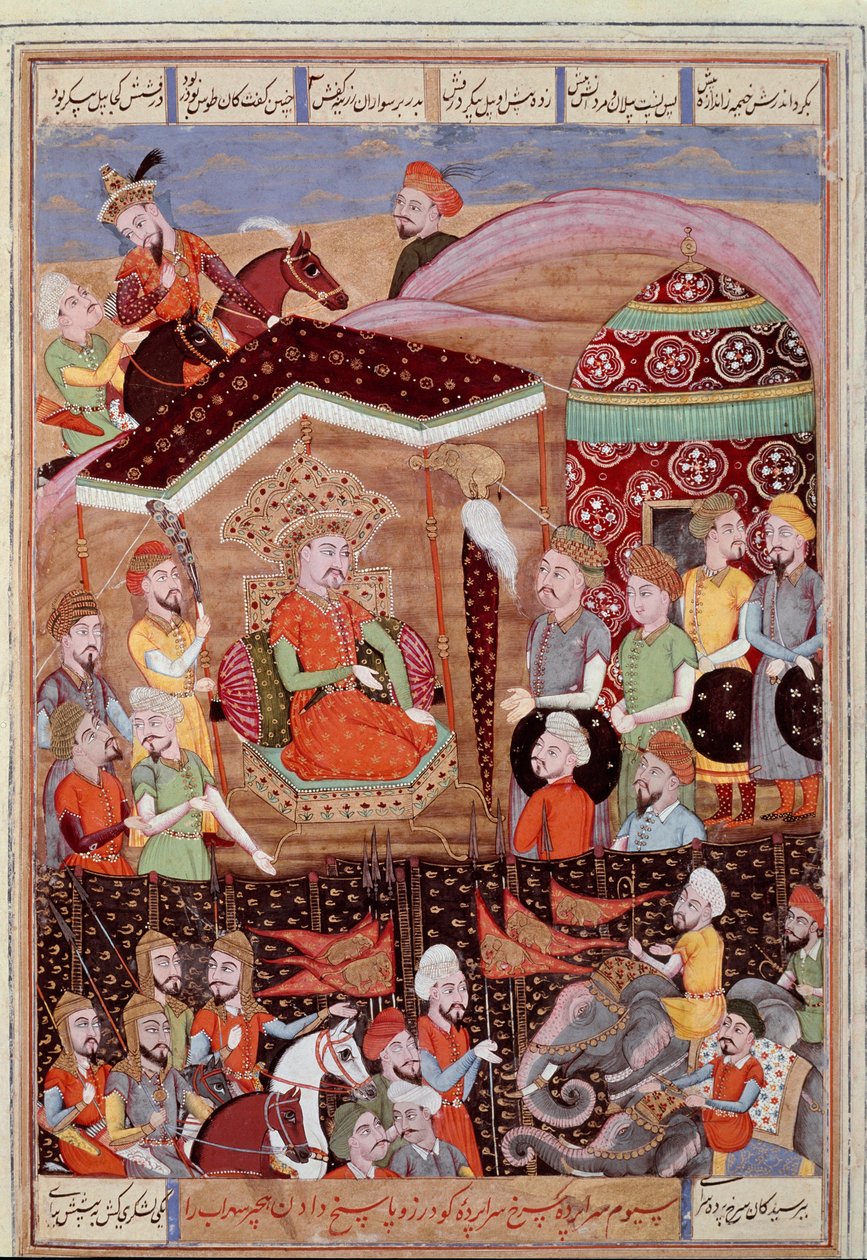 伊斯兰艺术：“” Sohrab（撒哈拉人）看着波斯军队领导人的黑色帐篷“”“来自史诗“Shahnameh”手稿的波斯缩影“”（Shah Nama，Shahnama）（国王之书） 作者：Ferdowsi（Firdawsi，或 Ferdawsi，或 Firdousi，约 6 作者 伊斯兰学校