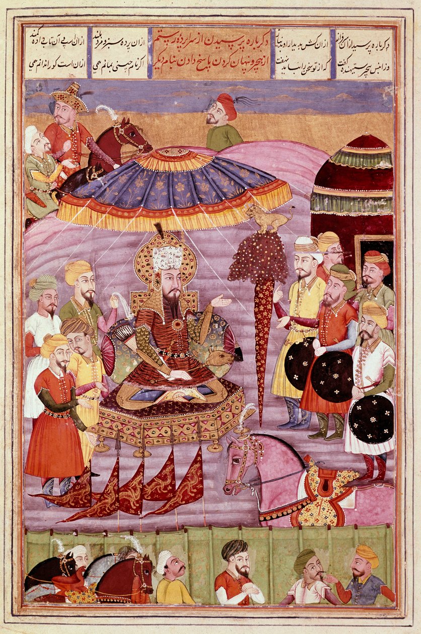 伊斯兰艺术：“” Sohrab（撒哈拉人）看着 Rostame 的帐篷“”来自 Ferdowsi（Firdawsi 或 Ferdawsi）的史诗“Shahnameh”（Shah Nama，Shahnama）（国王之书）手稿的波斯缩影 , 或 Firdousi, ca. 940-around 1020) (ms. 607) Chant 作者 伊斯兰学校