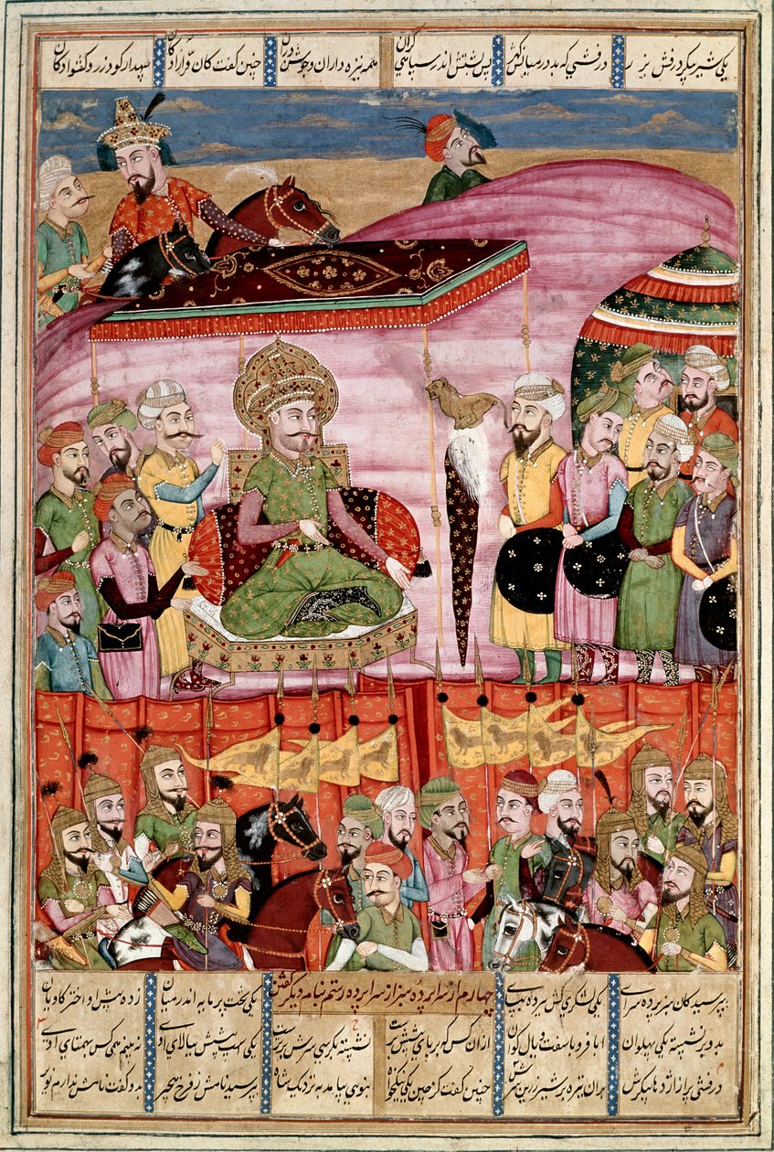 伊斯兰艺术：“” Sohrab（撒哈拉人）站在 Roustam 的帐篷里“”来自 Ferdowsi（Firdawsi 或 Ferdawsi）的史诗“Shahnameh”（Shah Nama，Shahnama）（国王之书）手稿的波斯缩影 , 或 Firdousi, ca. 940-around 1020) (ms. 607) Lly, 作者 伊斯兰学校