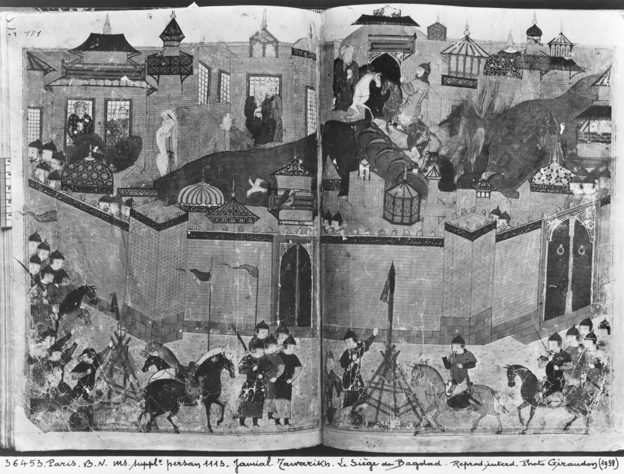 Suppula Persan女士1113 f.180-181蒙古人在Hulagu Khan的领导下于1258年袭击和夺取巴格达，来自Rashid al-Din的&39;Jami al-Tawarikh&39;，c.1310 作者 伊斯兰学校