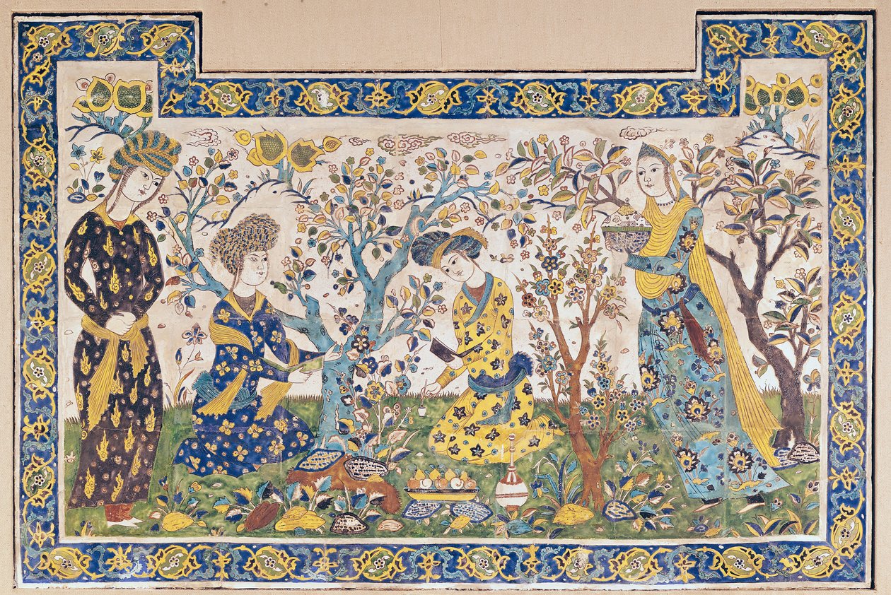 壁画小组放松在花园里，从Tchehel Sutun或四十柱亭子由Shah Abbas II（1642-66）建造，波斯语，伊朗伊斯法罕（瓷砖） 作者 伊斯兰学校