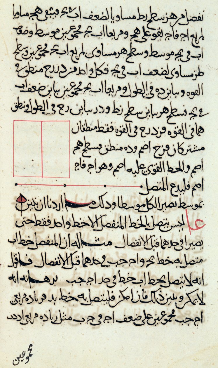 来自“元素”副本的文本页面，希腊数学家欧几里德（公元前300年），1188年的几何书（笔和墨水在纸上） 作者 伊斯兰学校