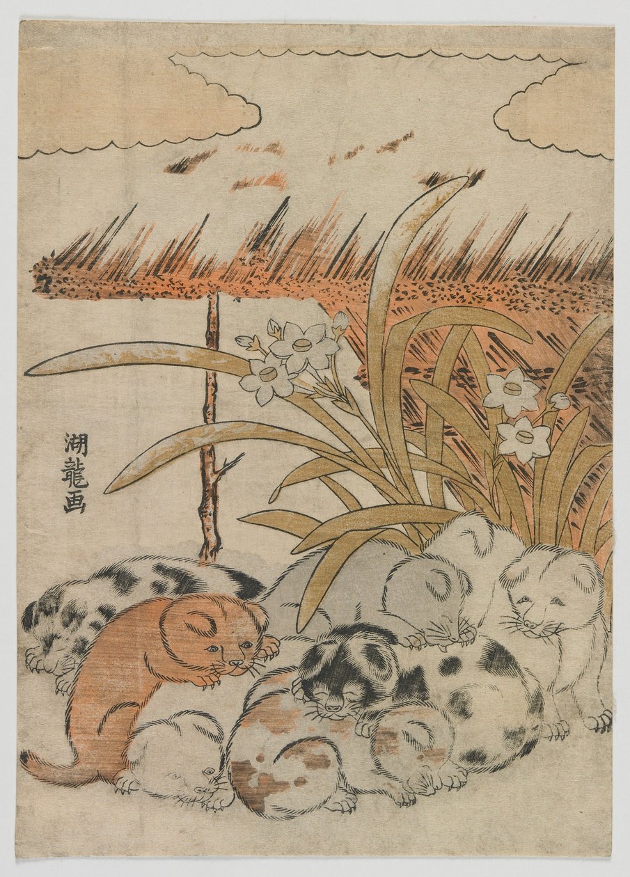 江户时代的小狗，江户时代，1778年（彩色木版画） 作者 oda田K