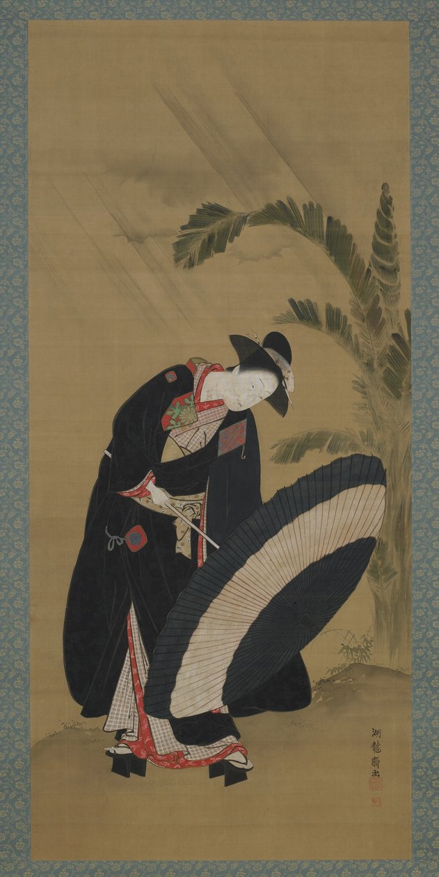 夏天：一个年轻女子撑伞，江户时代，c.1772-80（丝绸上的颜色和金色） 作者 oda田K