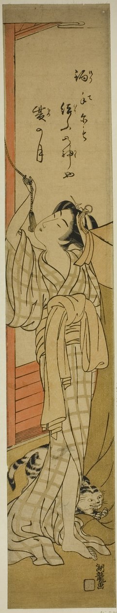 年轻女子挂蚊帐，猫咪在她脚边玩耍 作者 oda田K