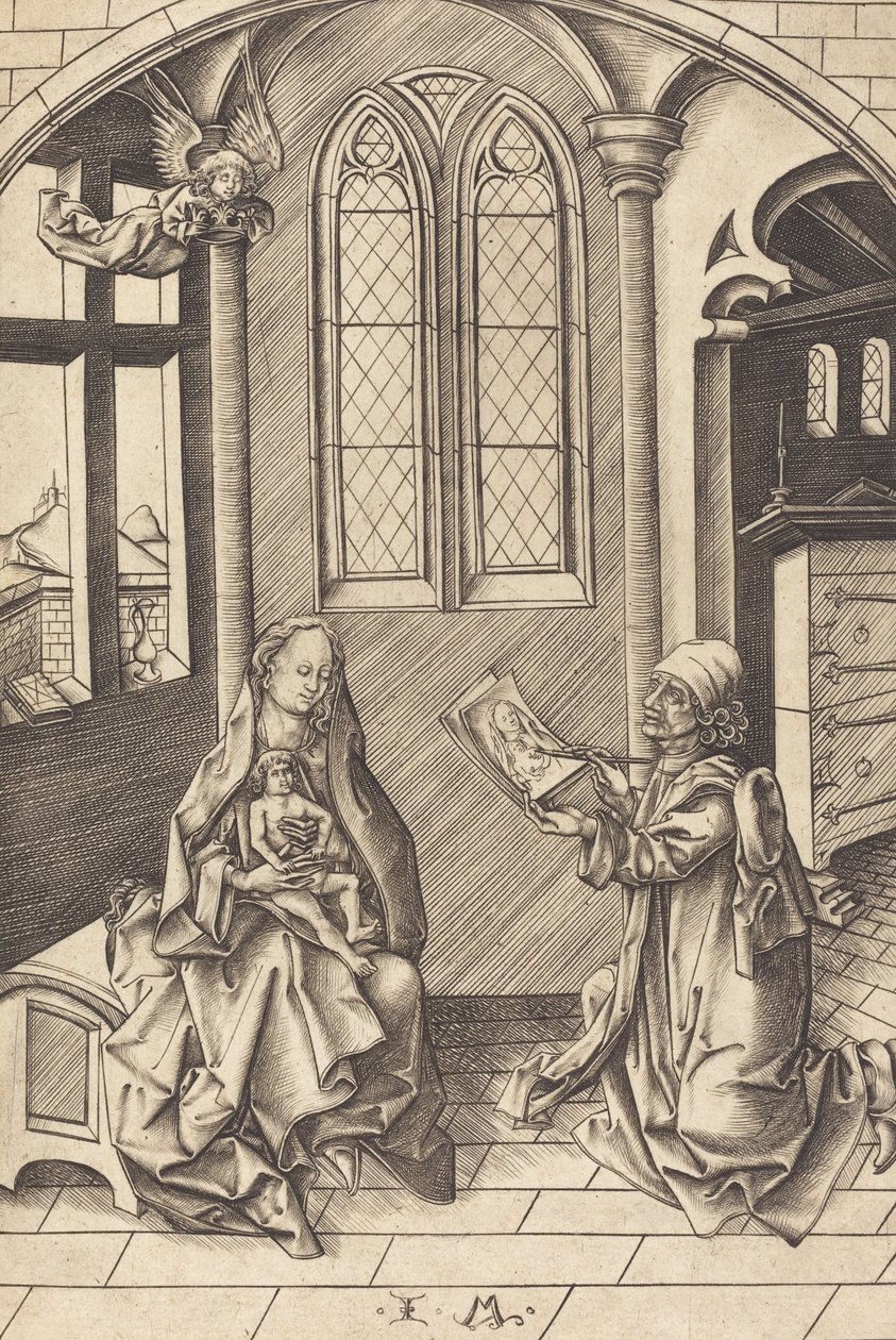 圣路加绘制的圣女肖像，约1475年。 作者 以色列·范·麦肯纳姆（Israhel van Meckenem）