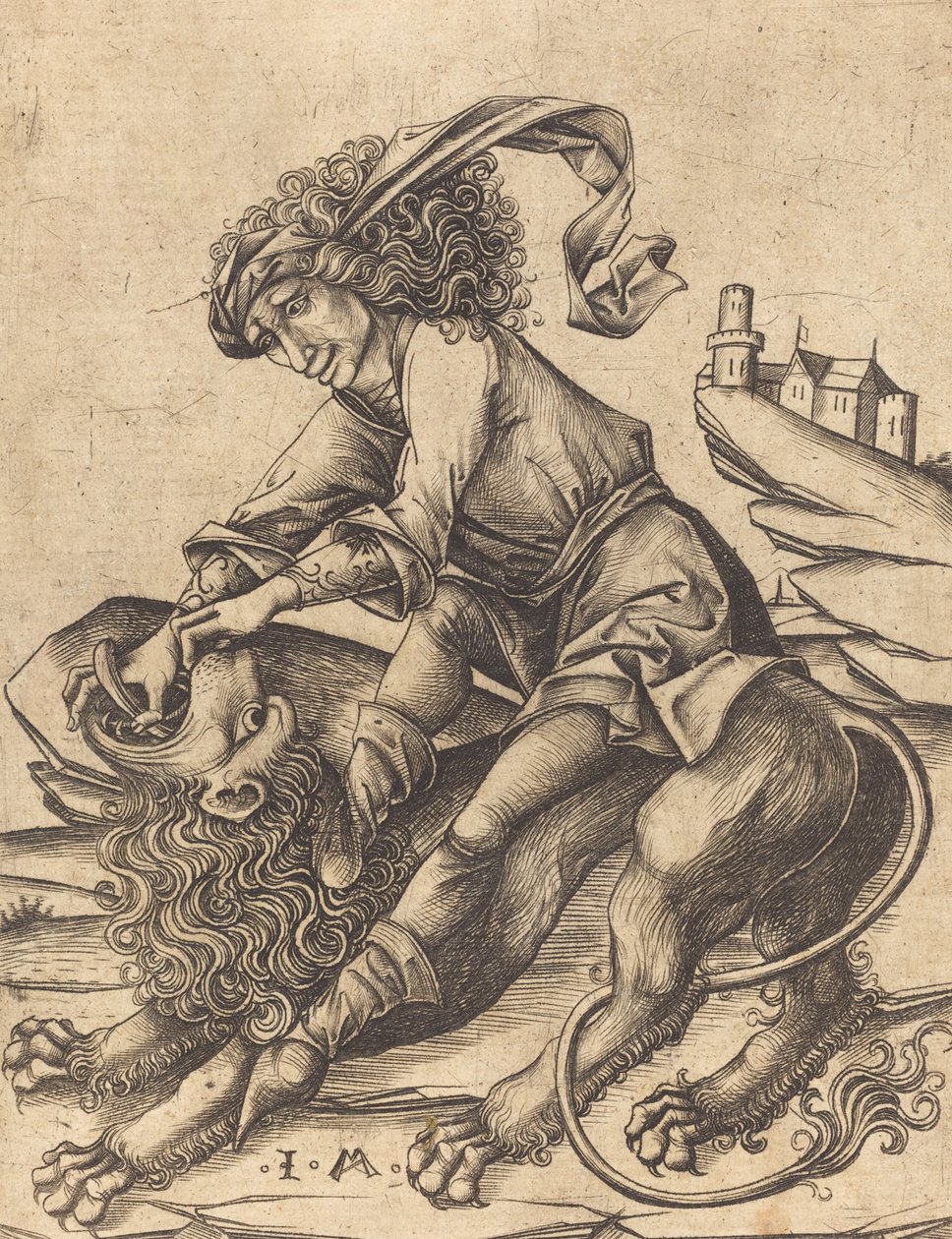 参孙与狮子》，约1475年。 作者 以色列·范·麦肯纳姆（Israhel van Meckenem）