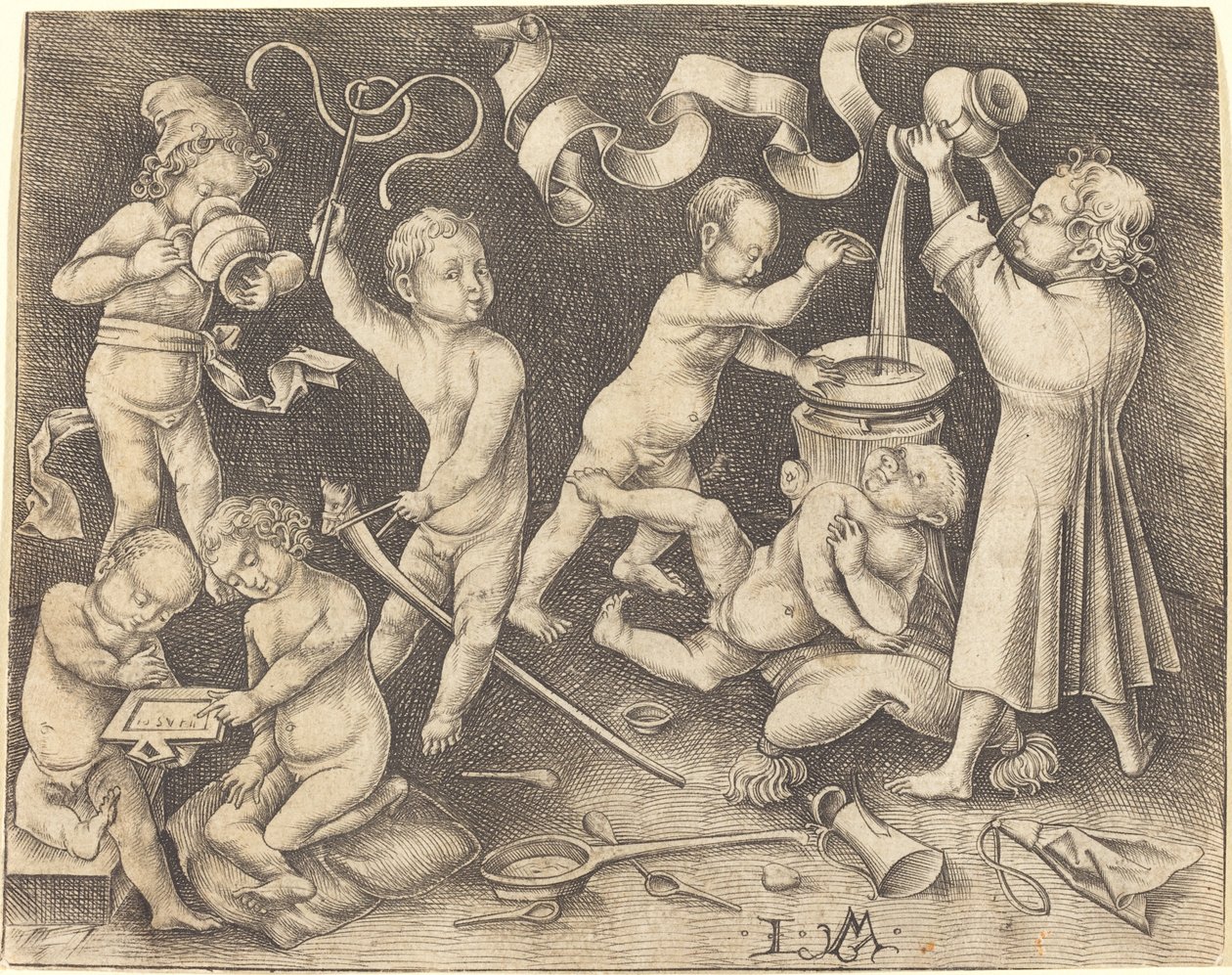 七个孩子在玩耍，约1490年。 作者 以色列·范·麦肯纳姆（Israhel van Meckenem）