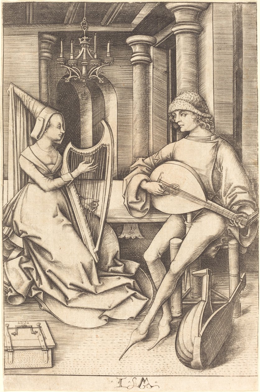 琵琶手和竖琴手，约1495-1503。 作者 以色列·范·麦肯纳姆（Israhel van Meckenem）
