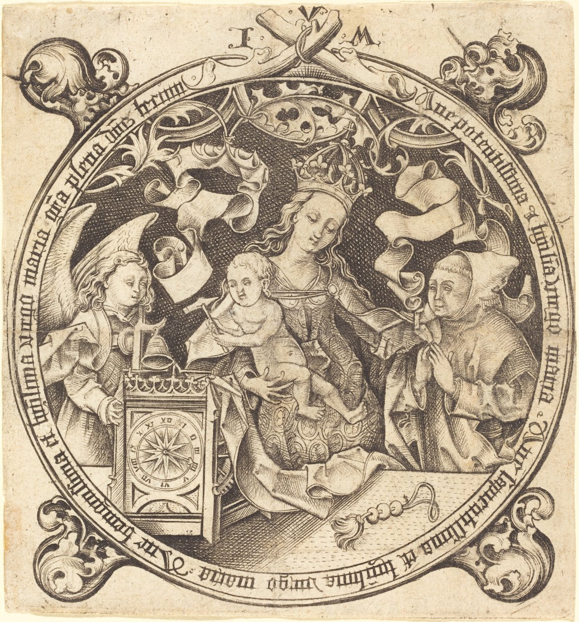 带着时钟的圣母，约1490年。 作者 以色列·范·麦肯纳姆（Israhel van Meckenem）