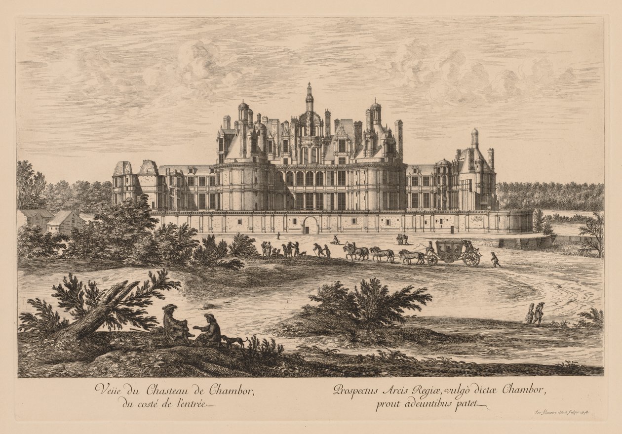 从入口侧可以看到香波堡（Châteaude Chambord），1678年。 作者 以色列·西尔维斯特（IsraëlSilvestre）