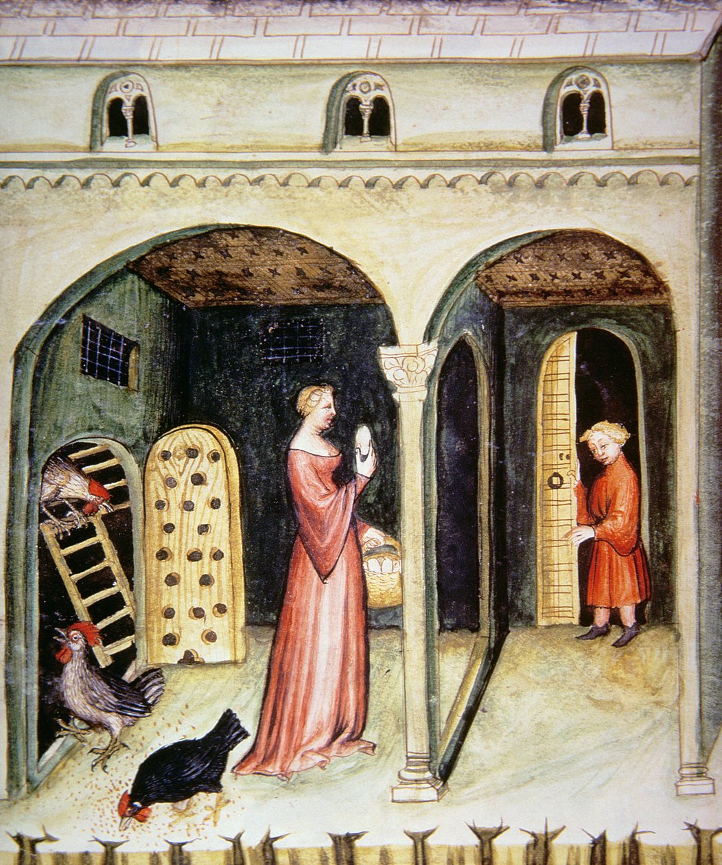 Fol.65v饲养母鸡，Tacuinum Santiatis Codex Vindobonensis的插图 作者 意大利学校