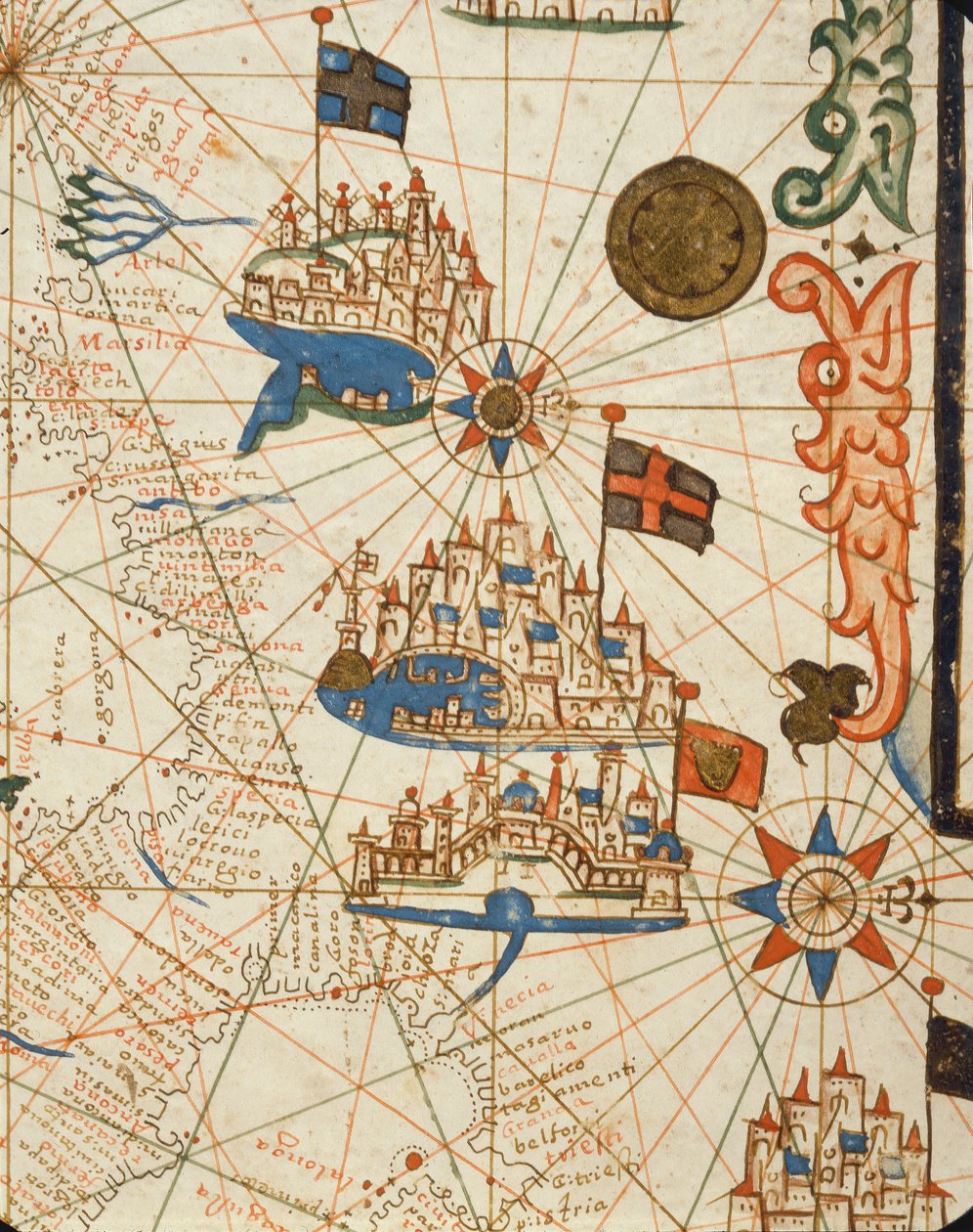 马赛，热那亚和威尼斯，来自航海地图集，1646年（牛皮纸上的墨水）（详情来自330937） 作者 意大利学校