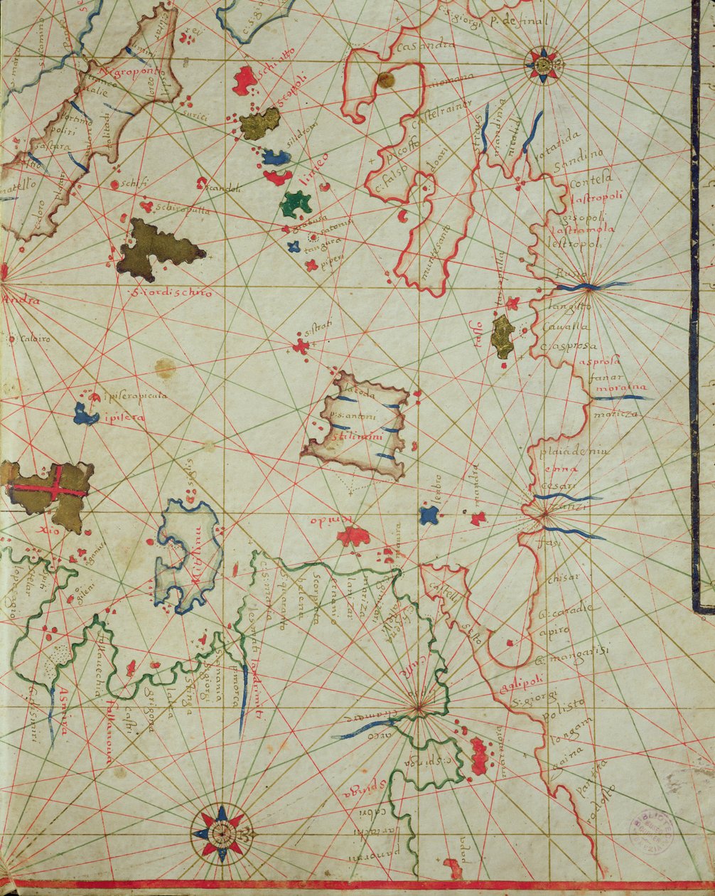 伯罗奔尼撒与利姆诺斯岛，来自航海地图集，1646年（牛皮纸上的墨水）（详情来自330939） 作者 意大利学校