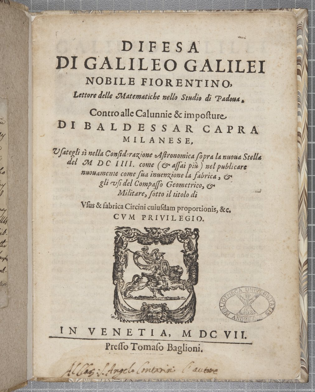 Difesa的标题页，由Galileo，1607 作者 意大利学校