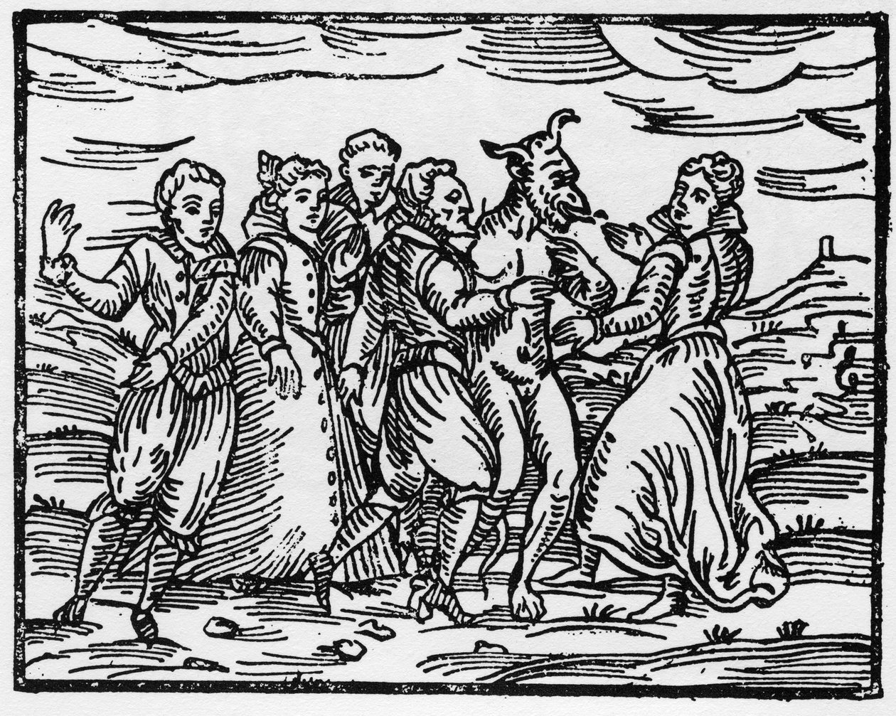 与魔鬼一起跳舞的女巫，来自Compendium Maleficarum的插图来自Francesco Maria Guazzo，1608 作者 意大利学校
