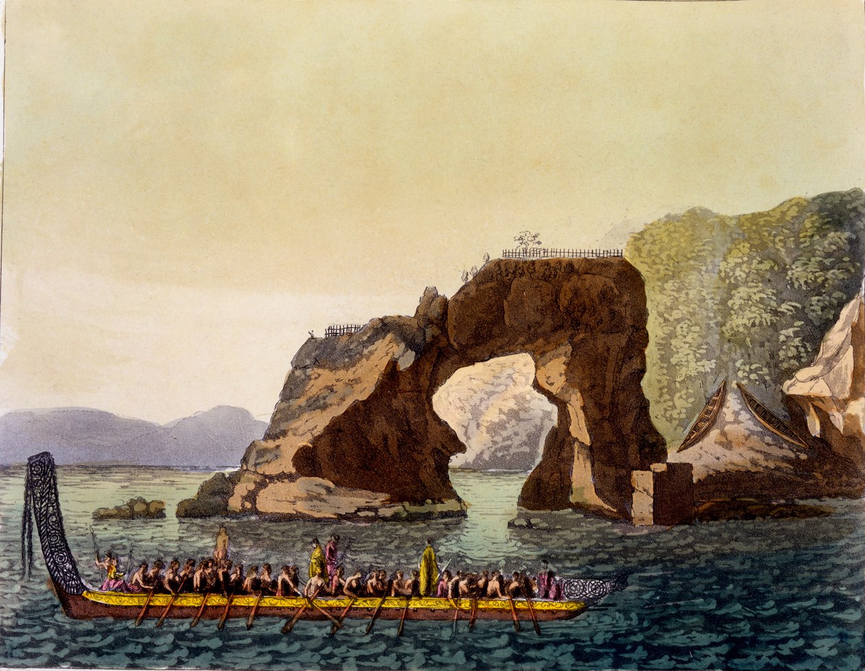 新西兰的毛利人强化观察点，结合毛利战争独木舟，1820年代至30年代（手工彩色） 作者 意大利学校