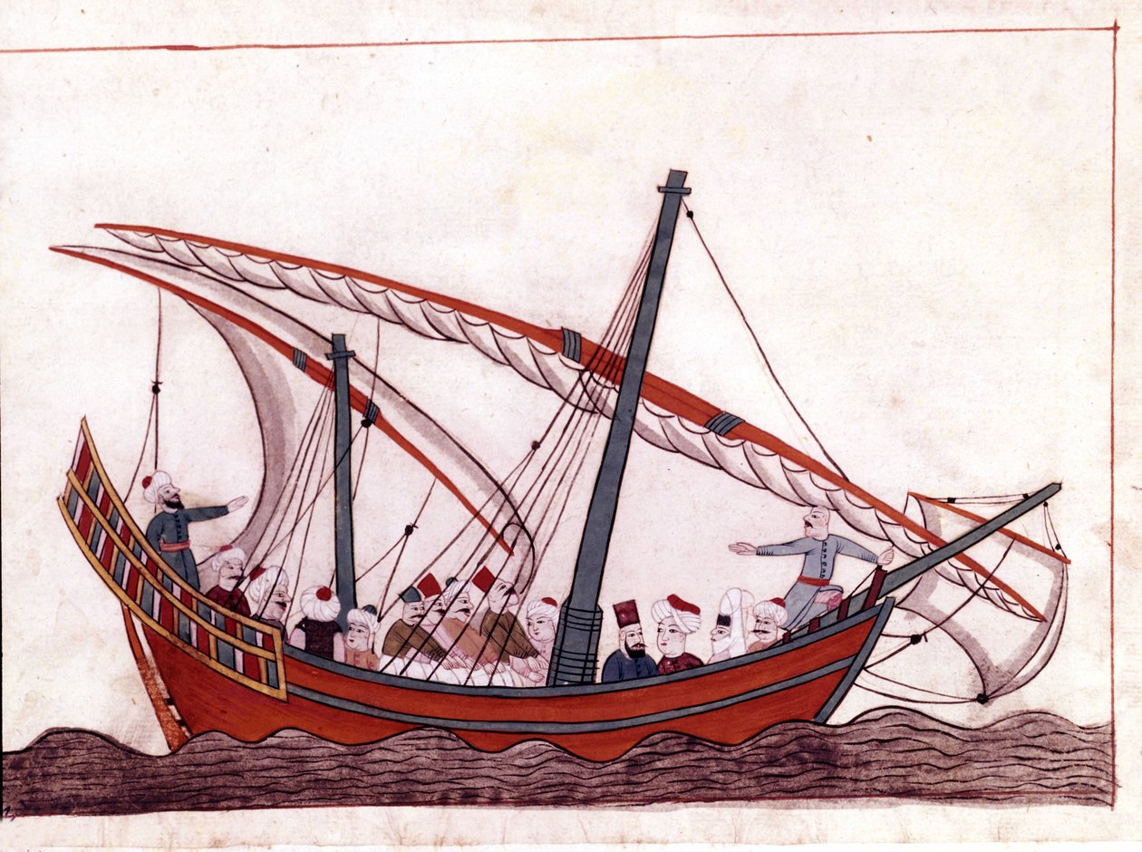 A Turkish boat. Miniature from “” Turkish Memorials”” (codex Cicogna 1971 “Memorie Turchesche”) Watercolour from the 17th century Venetian school. 作者 意大利学校