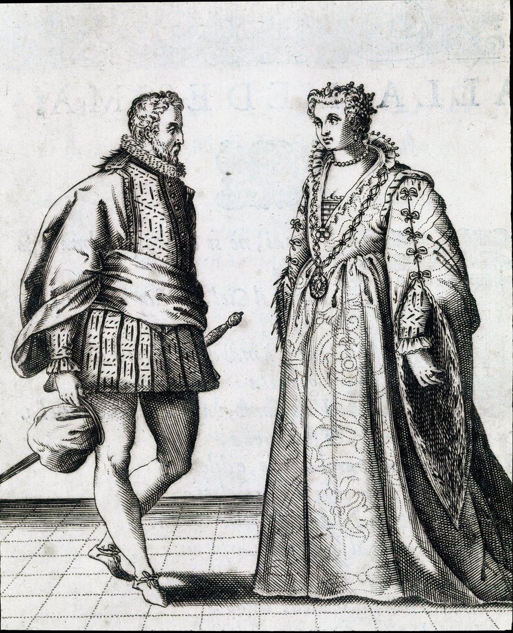 一对意大利贵族。 雕刻从“Il ballarino”（或 Il 舞者）交易舞蹈大师 Fabritio Caroso (1527 / 1535-1605 / 1620) 1581 年的舞蹈。博洛尼亚市政博物馆 Biblioteca Musicale 作者 意大利学校