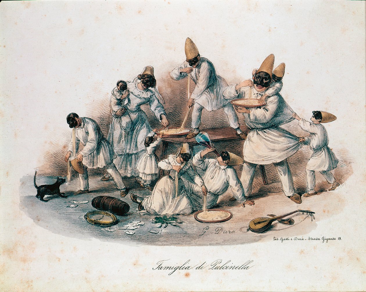 艺术喜剧中的 pulcinella (polichinelle) 家族，喜欢吃意大利面。 19 世纪的石版画。 意大利面食国家博物馆，阿涅西基金会，罗马 作者 意大利学校