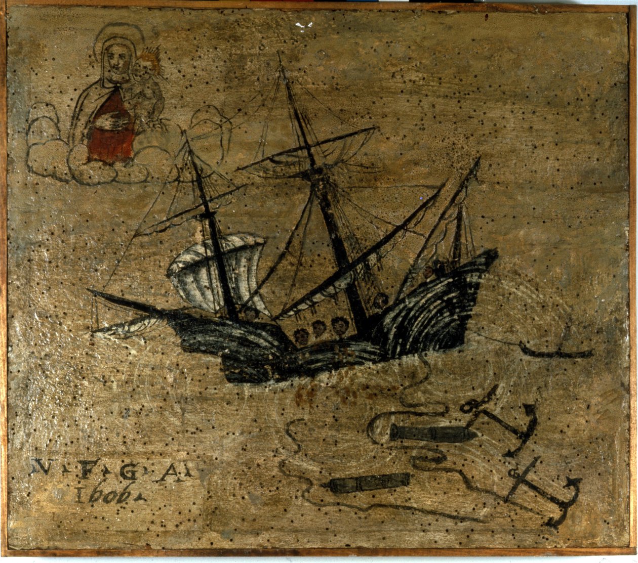 一艘大帆船在暴风雨中投掷锚和两门大炮。 Ex voto de 1610 del l