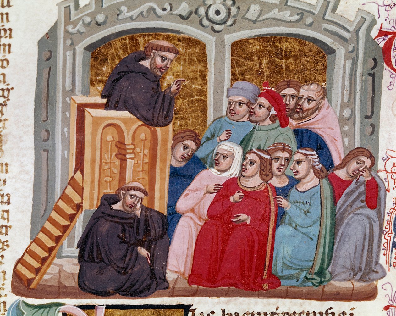 一位牧师向一群微型信徒讲话，这段话出自《Gratien法令》（"Concordia discordantium canonum "或 "Decretum Gratiani"），可追溯到1140年，规定了罗马天主教会的法律和教规。14世纪锡耶纳，图书馆 作者 意大利学校