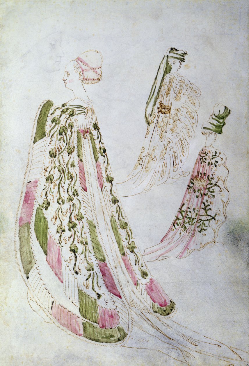 一个女人和两个穿长衣的男人，约 1450 年（纸上水墨画） 作者 意大利学校