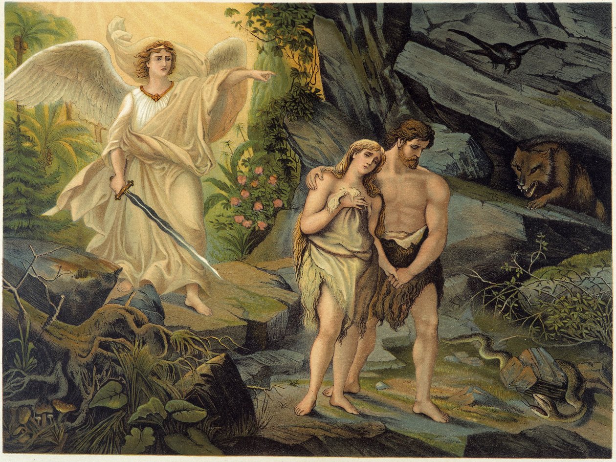 Adam and Eve chased out of earthly Paradise (Eden) by the Archangel - in “” Aurea Bibbia classica: storia della rivelazione divina nell