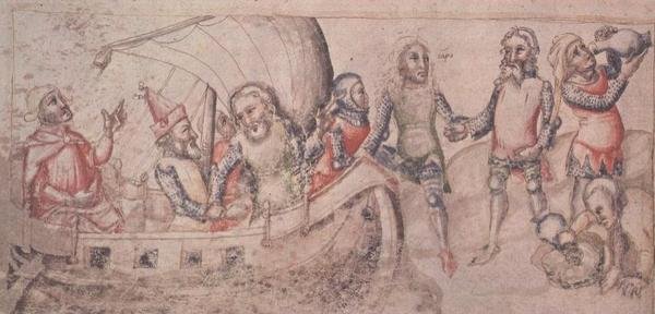 添加 15477 fol.2v 杰森启程航行，摘自 Guido de Columnis 的《Liber de Casu et Ruina Trojae》（牛皮纸） 作者 意大利学校
