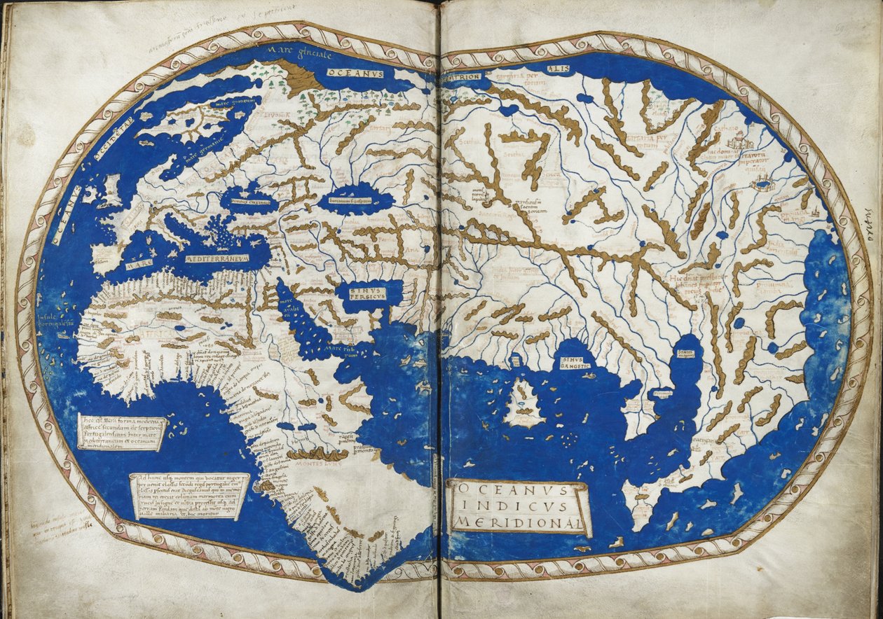 添加 15760 f.68v-69 世界地图，来自 Enrico Martello 的“Insularium Illustratum”，是对岛屿（主要是地中海）的描述，带有彩色平面图，意大利语，约 1470 年（牛皮纸） 作者 意大利学校