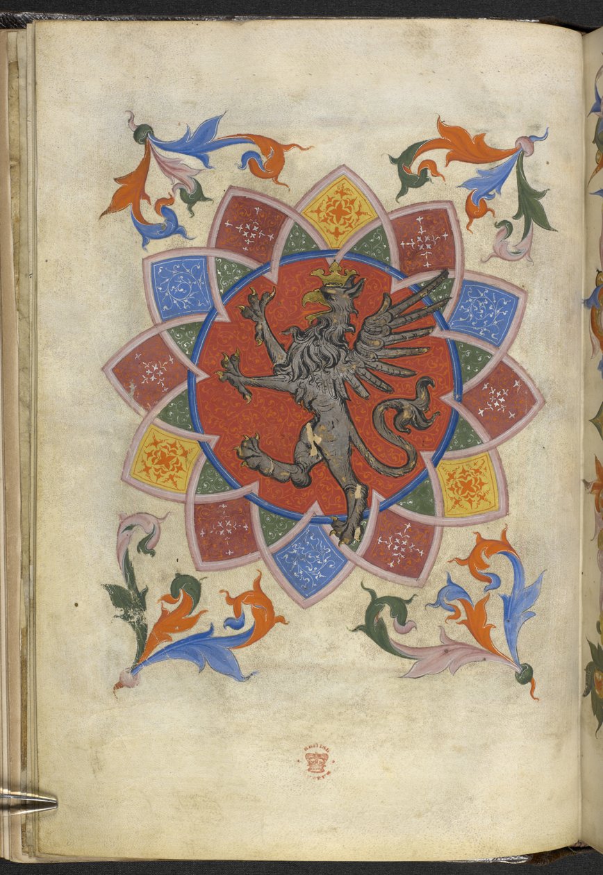 Add.21965，f.5v纹章图：狮鹫，裁缝行会章程，选自 "Matricula artificum Artis Sartorum civitatis Perusii"（牛皮纸上的墨水和彩色图案） 作者 意大利学校