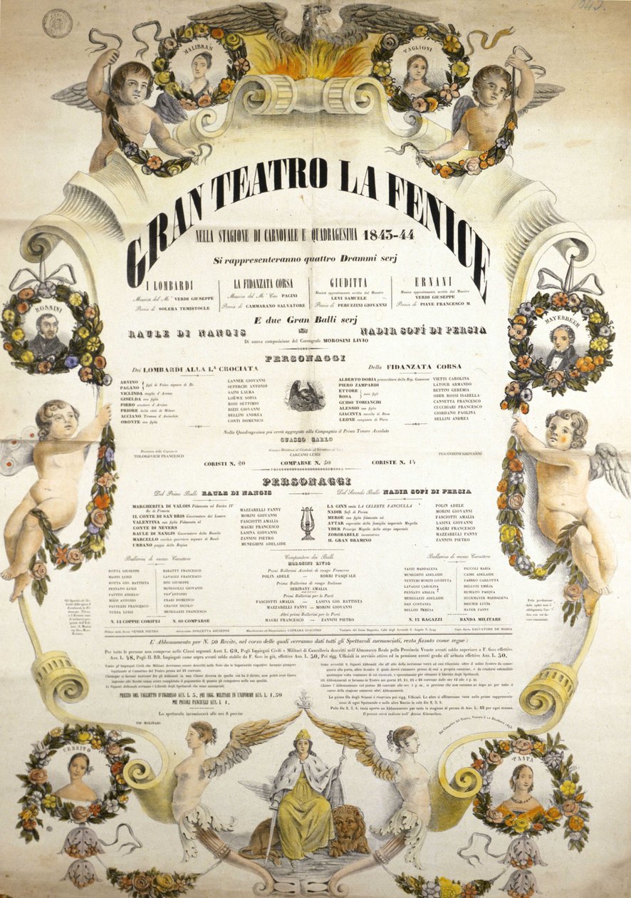 1843 - 1844 年威尼斯凤凰剧院的海报。 作者 意大利学校
