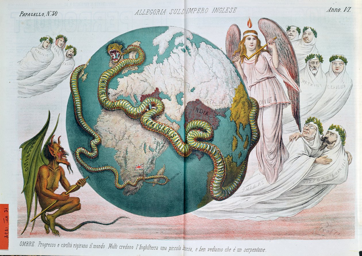 大英帝国扼杀世界的寓言，来自Le Perroquet（Il Papagallo）的讽刺漫画，1878年 作者 意大利学校