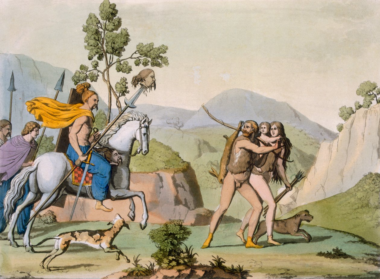 古代凯尔特武士在一次突袭中遇到一对外出打猎的夫妇，约 1800-18 年（彩色雕刻） 作者 意大利学校