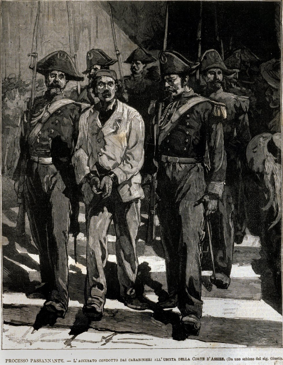 1878 年在那不勒斯袭击了意大利国王翁贝托一世（Humbert I）的乔瓦尼·帕桑南特（1849-1910）被捕。这一事件激发了诗人乔瓦尼·帕斯科利（1855-1912）的一首颂歌。 19 世纪的雕刻 作者 意大利学校