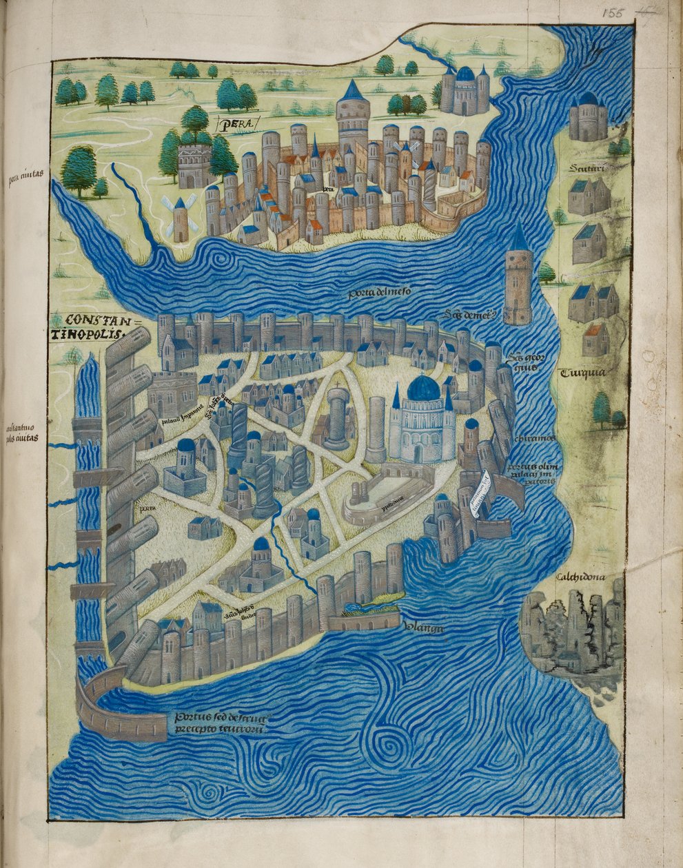 Arundel 93 fol.155 君士坦丁堡和佩拉地图，摘自 Cristoforo Buondelmonti（约 1385 年至 1430 年）的《Liber Insularum Cycladum》，约 1485 年（牛皮纸） 作者 意大利学校