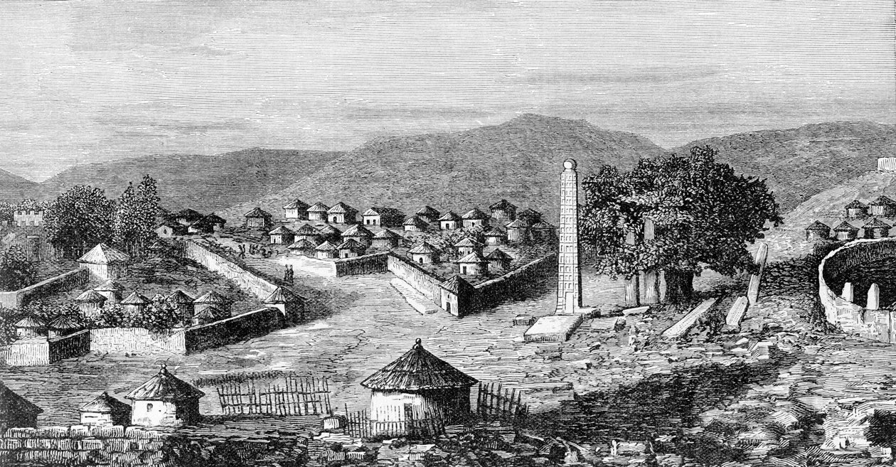 阿克苏姆（阿克苏姆），埃塞俄比亚的宗教首都，大约在 1850 年。来自探险家古斯塔沃·比安奇的一幅画。 作者 意大利学校