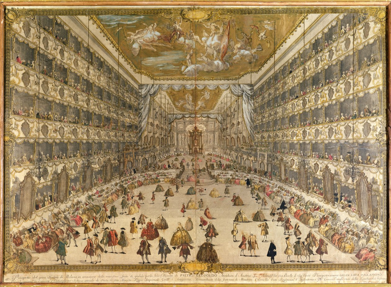 球为纪念奥地利大公Pietro Leopoldo诞生于1747年5月28日在米兰公爵剧院（彩色雕刻） 作者 意大利学校