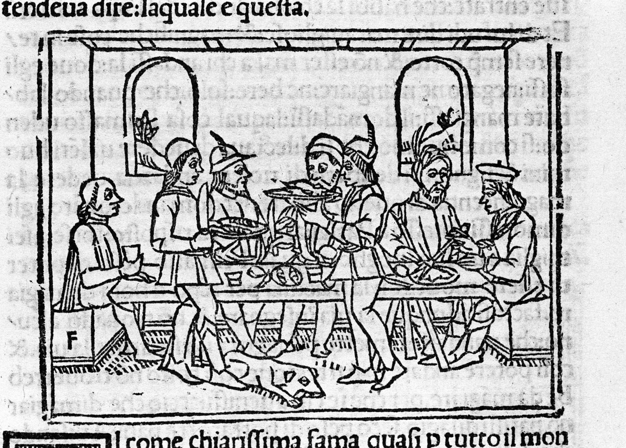 在佛罗伦萨贵族成员面前的宴会场景。 意大利作家 Giovanni Boccaccio dit Jean Boccace（1313-1375）的“十日谈”插图。 雕刻在“”Decamerone ouer Cento nouelle” 威尼斯，Bartolomeo de 