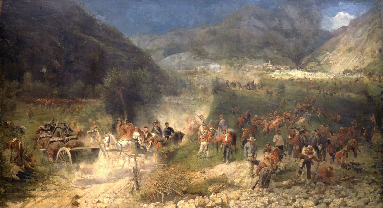 贝泽卡战役：朱塞佩·加里波第的志愿者于 1866 年 7 月 21 日与奥地利人作战。 Risorgimento 博物馆。 米兰。 作者 意大利学校