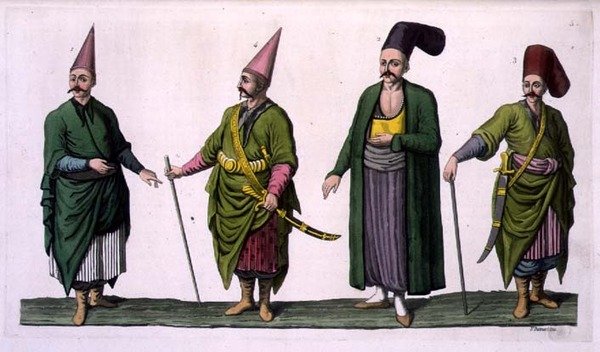 Bostandji、Khasseki和其他奥斯曼帝国服装的例子，《民族史》第一卷第三部分的图版5，由V. Raineri刻制（水印）。 作者 意大利学校