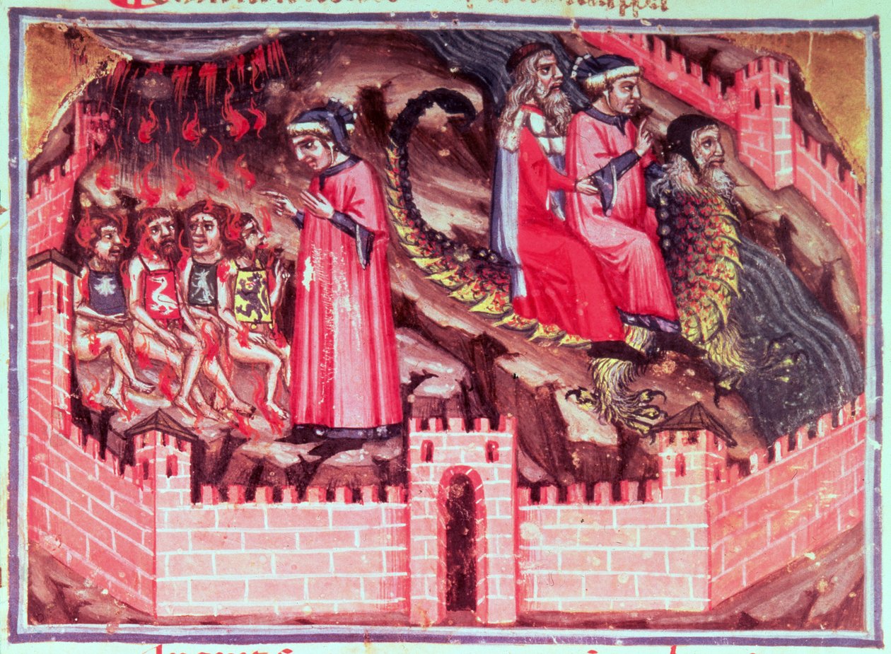 Canto XVII四个Sodomites：但丁和维吉尔骑在Geryon的背上，进入神圣的喜剧圈（地狱），c.1313 作者 意大利学校